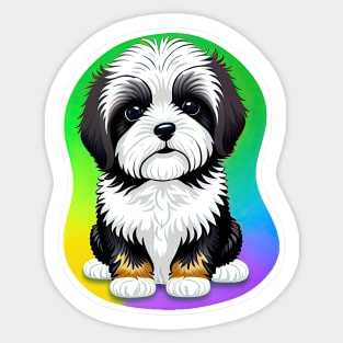 A Cute Havanese Puppy Dog with Black & White Markings and a Brown Trim with a Rainbow Color Background Sticker